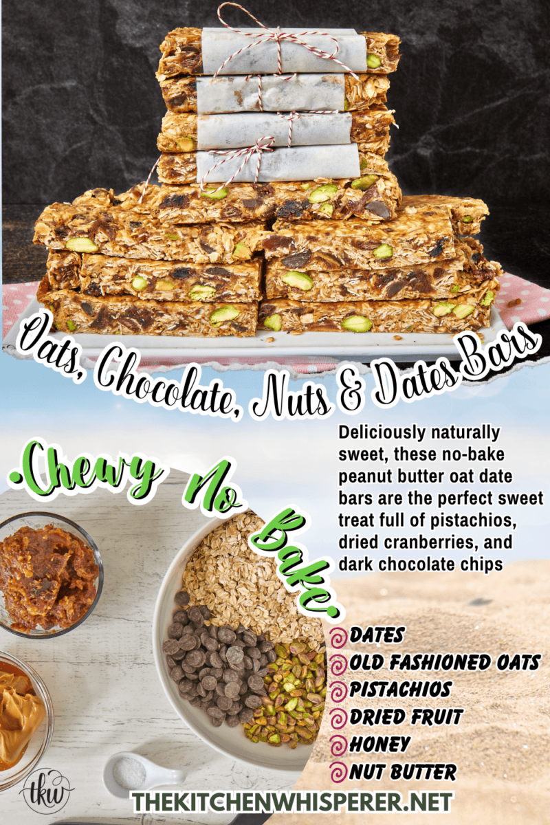 Deliciously naturally sweet, these no-bake peanut butter oat date bars are the perfect sweet treat full of pistachios, dried cranberries, and dark chocolate chips