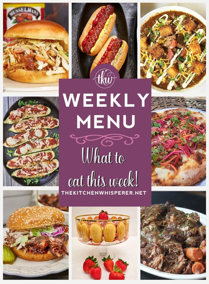 These Weekly Menu recipes allow you to get out of that same ol’ recipe rut and try some delicious and easy dishes! This week, I highly recommend making my Smoked Hotdogs, Pot Roast with Savory Onion Gravy, and Pulled Chicken Sandwich with Crisp Apple Coleslaw.