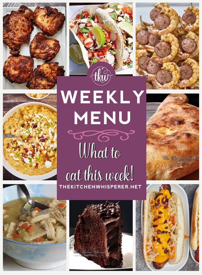 ﻿ These Weekly Menu recipes allow you to get out of that same ol’ recipe rut and try some delicious and easy dishes! This week, I highly recommend making my Air Fried Crispy BBQ Chicken Thighs, Meat & Mushroom Lovers Pizza Calzone, and Chicken Barbacoa Soft Tacos.