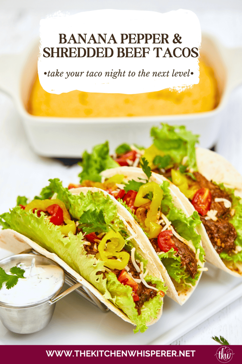 Warm flour tortillas filled with melt-in-your-mouth beef infused with bold spices, tangy banana peppers, fresh veggies, lime crema, and a sprinkling of cheese make these tacos a standout at any dinner table.