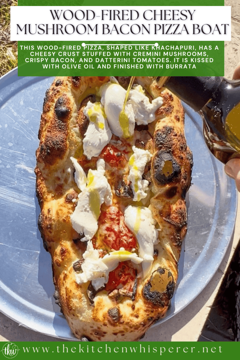 This wood-fired pizza, shaped like khachapuri, has a cheesy crust stuffed with cremini mushrooms, crispy bacon, and datterini tomatoes. It's then kissed with olive oil and finished with burrata, making it your new favorite pizza!